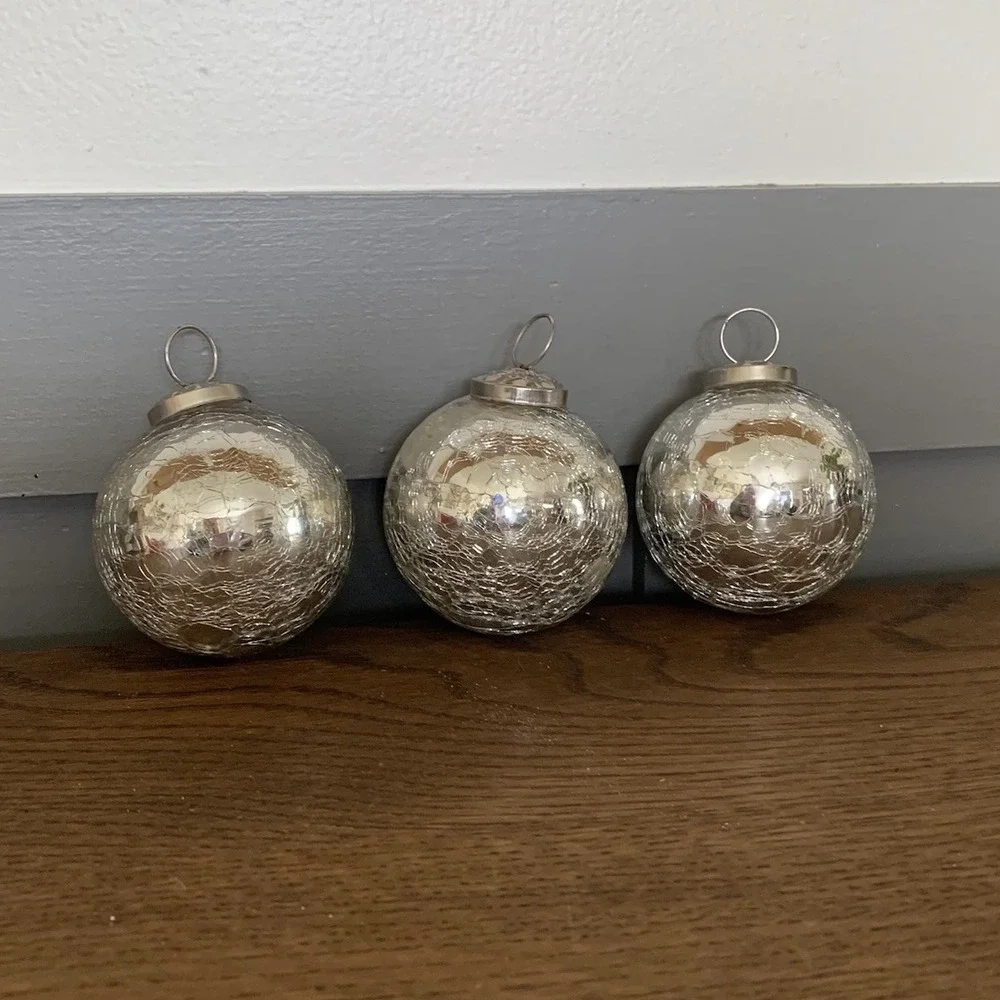 3 Crackle Heavy Glass‎ Blue Kugel Style Christmas Ornaments 4